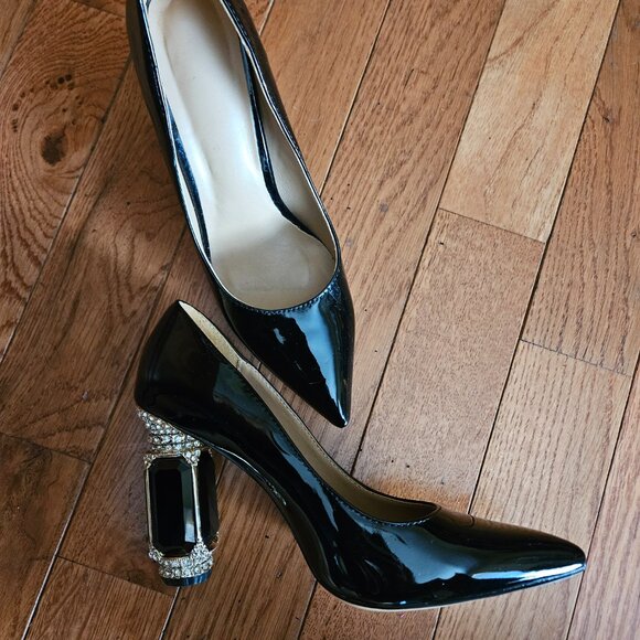 FSJ Black Bridal Pointed Toe Chunky High Heel Wedding Shoes - Picture 8 of 11